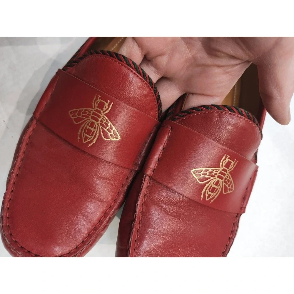 Gucci Red Leather Drivers with Bee Accent & Red Black Trim #49117 Men's Size 7.5